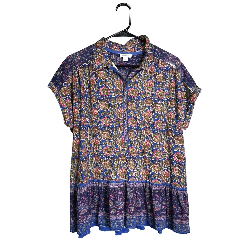 Sundance Blue Floral Paisley Block Print Cotton Tiered Ruffle Tunic Top Large